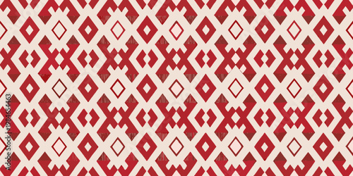 A repeating pattern of red and cream diamond shapes creates a textile