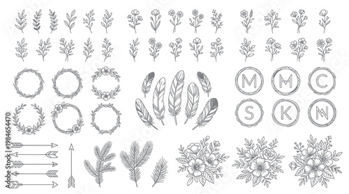 Floral elements and ornaments are presented in a delicate, elegant sketch style
