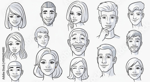Collection of Diverse Hand Drawn Faces Expressing Various Emotions.