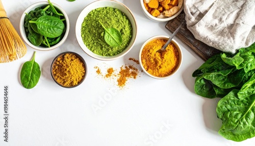 assorted bowls with fresh spinach, matcha powder, and turmeric spices on kitchen surface, culinary preparation, healthy eating, food styling photography