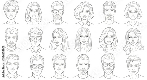 Collection of Diverse Hand Drawn Female Faces Sketches.