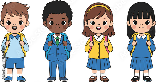 Cute School Children in Uniform with Backpacks, Diverse Kids Characters Vector Illustration for Education, Elementary Learning and Back to School Concept.