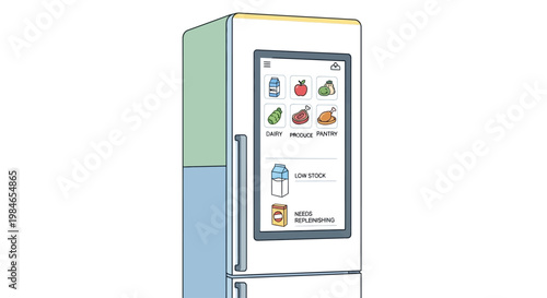 Modern smart refrigerator with touchscreen display showing food inventory.