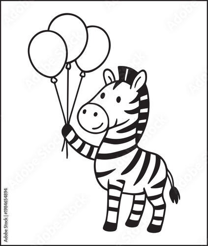Cute zebra holding a bouquet of balloons coloring page for kids, black line art vector illustration doodle elements