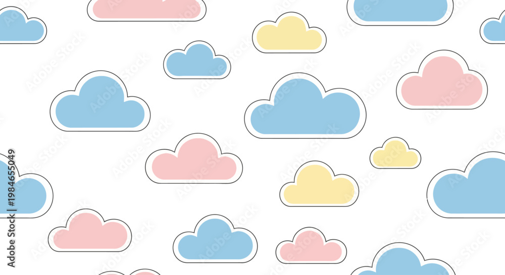 Obraz premium Seamless pattern of colorful clouds in pastel tones on white background.