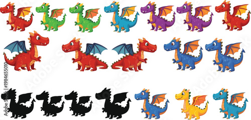Cute Dragon Cartoon Vector Illustration Set with Colorful Fantasy Baby Dragons and Silhouette Collection