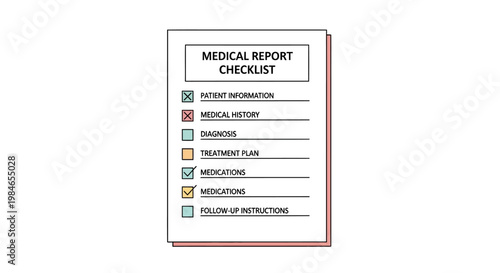 Medical report checklist with essential healthcare sections and icons.