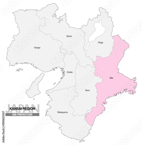 [日本地図] 関西地方 三重県の府県名入り位置地図 (英語)