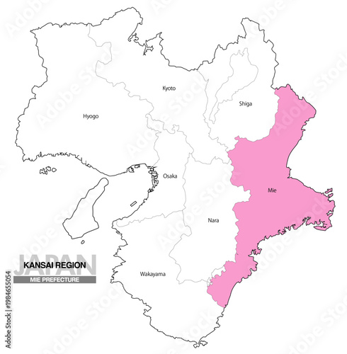 [日本地図] 関西地方 三重県の府県名入り位置地図 (英語)