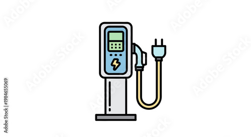 Electric vehicle charging station with plug and digital display.