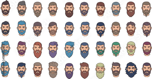 Bearded Men Face Collection with Different Hairstyles and Beard Styles, Male Character Avatar Set Vector Illustration for Barber, Fashion and Grooming Design.
