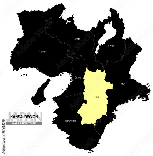 [日本地図] 関西地方 奈良県の府県名入り位置地図 (英語)