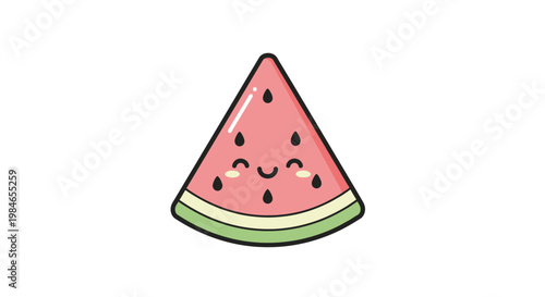 Cute cartoon watermelon slice with smiling face and rosy cheeks.