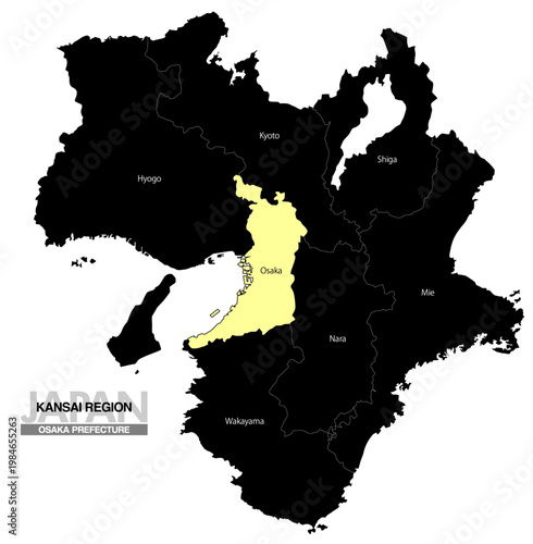 [日本地図] 関西地方の大阪府の府県名入り位置地図 (英語)
