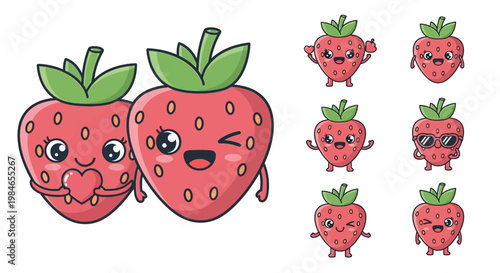 Cute cartoon strawberries with various facial expressions and emotions.