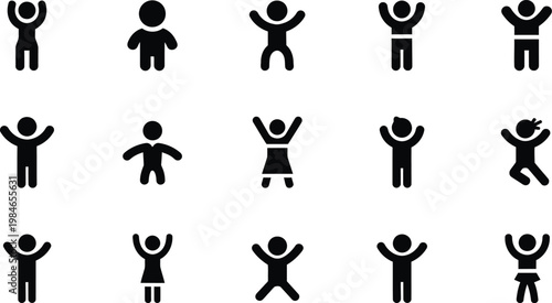 Joyful silhouette icon set of people celebrating and expressing happiness with raised arms, positive