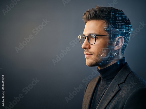 Profile of a businessman with a digital interface merging into his head, symbolizing technology integration.
