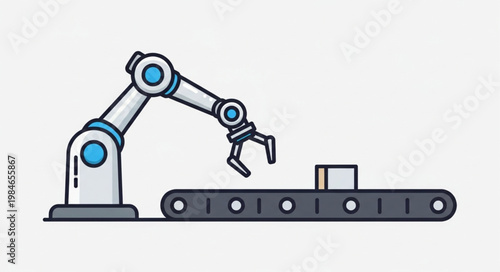 Automated robotic arm working on a conveyor belt system.