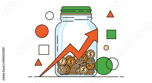 Illustration of a glass jar full of coins with an upward arrow showing financial growth and investment success