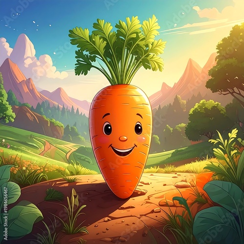 Cheerful carrot character stands in sunny, hilly landscape with blue sky