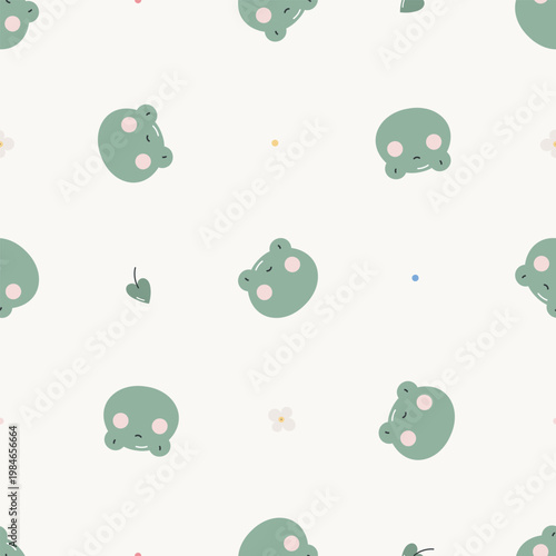 Seamless pattern with cute frog. Isolated cartoon flat background. For card, posters, banners, books, printing on the pack, clothes, fabric, wallpaper, textile or dishes.