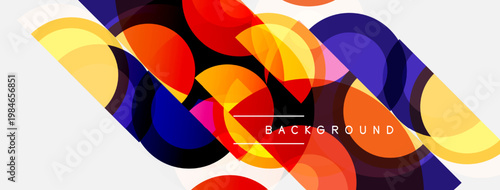 Abstract colorful overlapping circles create dynamic background. Bright hues blend, forming modern visual texture.