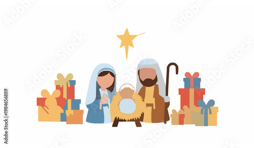 Christmas nativity scene vector with baby Jesus Mary Joseph guiding star and festive gifts in soft flat style