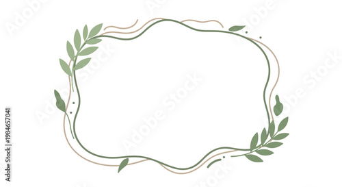 Elegant organic frame with delicate green leaves and flowing lines on a clean white background