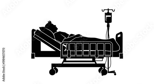 Black silhouette illustration of a patient resting in a hospital bed with an intravenous (IV) drip stand. Concept of healthcare, hospitalization, medical treatment, and recovery