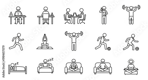 Collection of Simple Line Art Icons Representing Various Human Activities and Lifestyles.