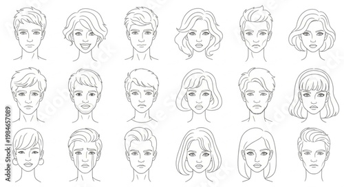 Collection of Hand Drawn Anime Style Faces with Different Emotions.