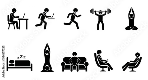 Collection of stick figure icons representing various human activities and lifestyles.