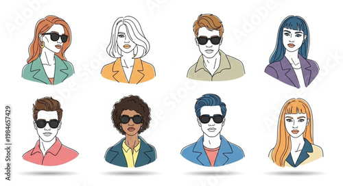 Diverse Group of People with Sunglasses Stylized Portraits.