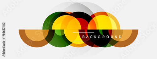 Abstract colorful circles overlap. Modern design elements create dynamic visual composition. Simple background enhances shapes.