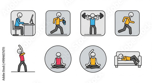 Collection of stick figure icons representing various human activities and lifestyles.