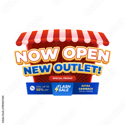 Now Open Banner New Outlet Grand Opening Promotion Template with Flash Sale Discount Cashback Retail Store Launch Design with Awning Shop Front Illustration for Business Marketing