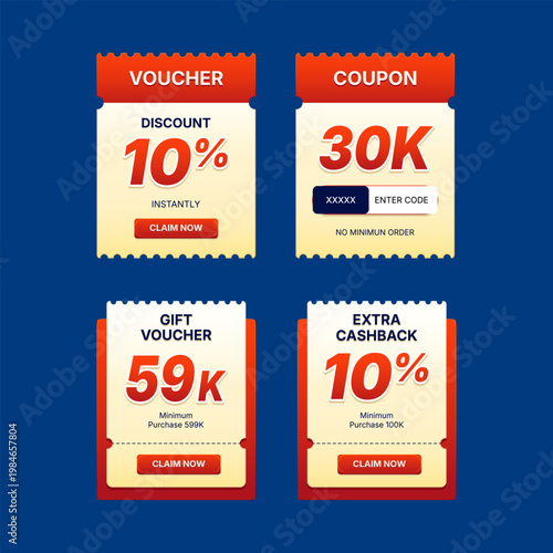 Voucher Coupon Template Set Discount Cashback Gift Voucher Promotion Design Collection with Percentage and Price Discount UI Style for E-commerce Marketing Campaign and Mobile App Interface