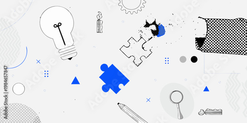 Abstract composition featuring a lightbulb puzzle pieces and geometric shapes