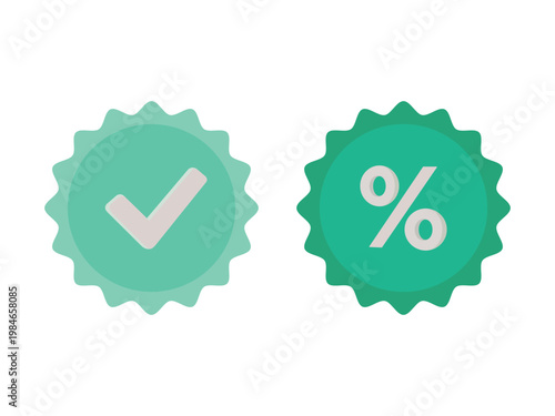 Two round green seals with a white checkmark and a white percentage symbol.