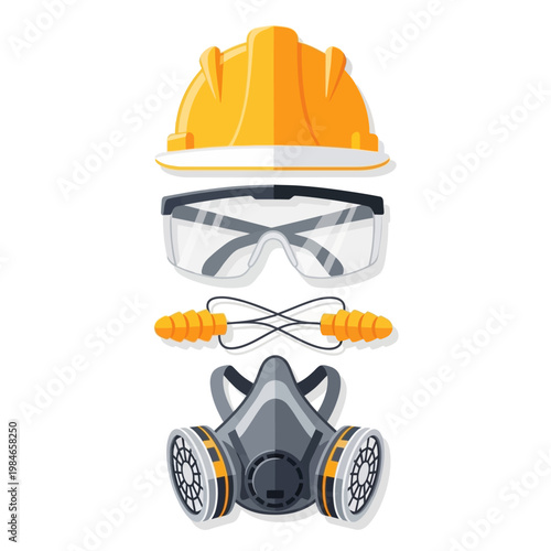 Construction Safety Gear: Hard Hat, Goggles, Earplugs, and Respirator Mask