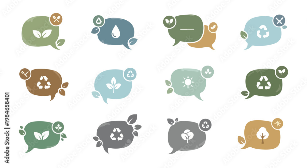 Obraz premium Collection of eco-friendly icons and symbols within speech bubbles representing sustainability and environmental