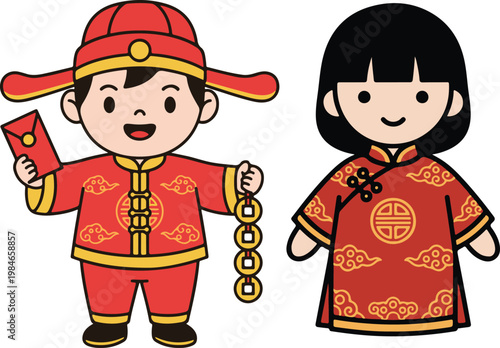 Chinese New Year Kids Illustration۔  
Boy Girl in Traditional Clothing with Red Envelope۔  
Asian Culture Cartoon Vector۔  