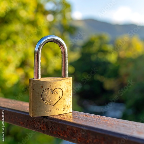 Heart-engraved padlock secures rusted rail, verdant mountain landscape softly blurred in the golden sunlight