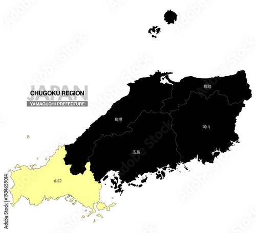 [日本地図] 中国地方の山口県の県名入り位置地図