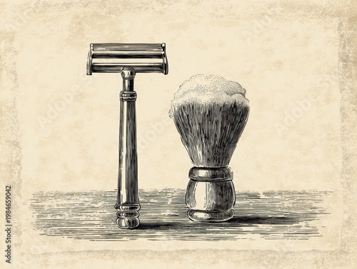 Vintage illustration of a shaving razor and brush with foamy lather