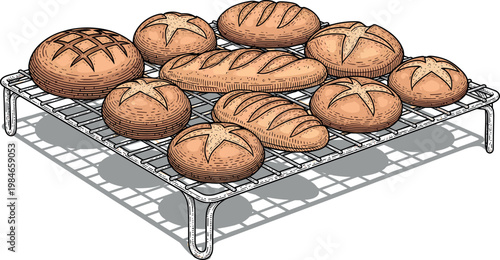 A wire rack with various types of freshly baked bread on transparent background