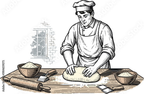 A baker kneading dough on a wooden table with baking tools on transparent background