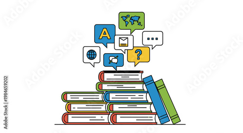 Educational concept illustration featuring stacked books with various communication and learning icons