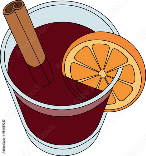 A glass of mulled wine with cinnamon and orange on transparent background