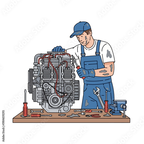 Mechanic repairing engine, tools and vice on workbench, skilled worker illustration